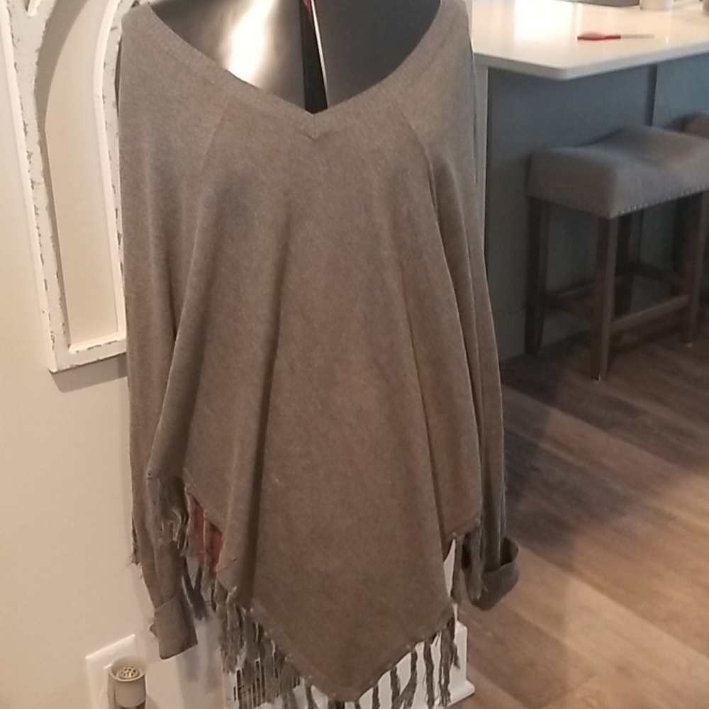 Grey V neck Fringe Poncho